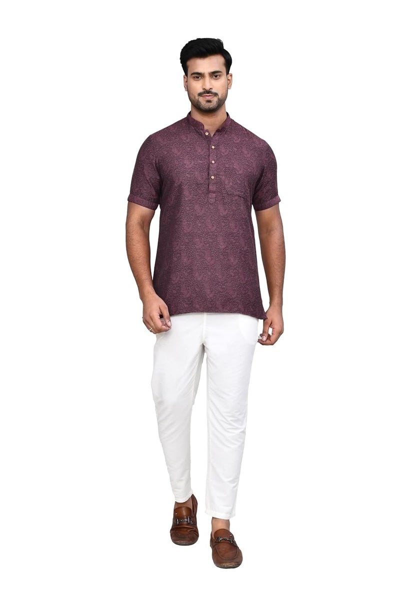POLY2FAB Hathkargha Men’s Short Sleeve Kurta with All-Over Paisley Print, Mandarin Collar & Button Placket - Image 1